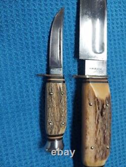 Vintage Anton Wingen Jr Stag Handle Piggyback Knife Set Very NICE