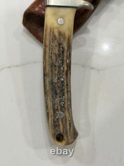 Vintage Browning #519 fixed blade gut-hook knife. Stag handles made in Japan