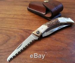 Vintage Browning folding hunter knife Stag Big Game hunting buck skinner withcase
