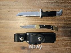 Vintage Buck 119 And Buck 110 In FANTASTIC LOOKING HANDMADE DOUBLE KNIFE SHEATH