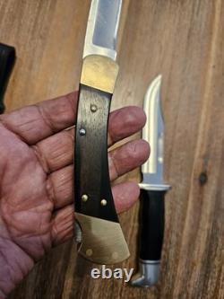 Vintage Buck 119 And Buck 110 In FANTASTIC LOOKING HANDMADE DOUBLE KNIFE SHEATH