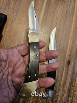 Vintage Buck 119 And Buck 110 In FANTASTIC LOOKING HANDMADE DOUBLE KNIFE SHEATH