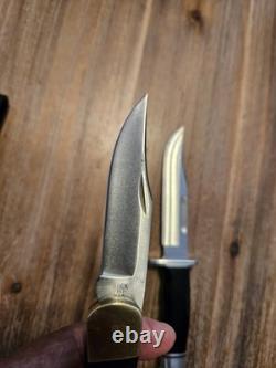 Vintage Buck 119 And Buck 110 In FANTASTIC LOOKING HANDMADE DOUBLE KNIFE SHEATH