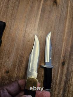 Vintage Buck 119 And Buck 110 In FANTASTIC LOOKING HANDMADE DOUBLE KNIFE SHEATH
