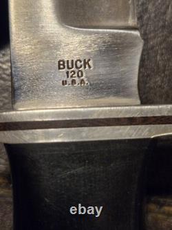 Vintage Buck 120 USA Hunting Knife with Leather Sheath USA 3 Line 1972 early