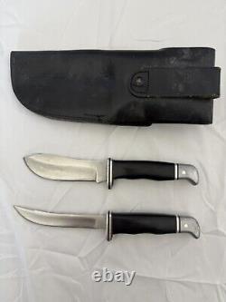 Vintage Buck Twin Knife Hunting Set Double Leather Sheath Made in USA