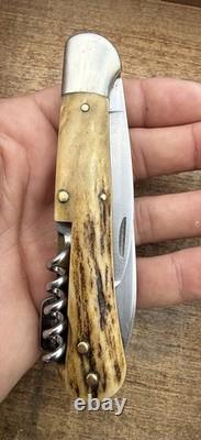 Vintage C. Jul. Herbertz 4 1/4 Stag Lockback Hunting Knife Gut Blade Germany