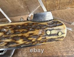 Vintage C. Jul. Herbertz 4 1/4 Stag Lockback Hunting Knife Gut Blade Germany