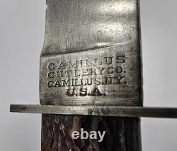 Vintage Camillus Four-line Stamp Fixed Blade Knife Jigged Bone Handles