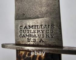 Vintage Camillus Four-line Stamp Fixed Blade Knife Jigged Bone Handles