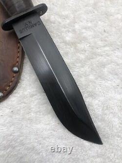 Vintage Camillus USN Fixed Blade Fighting Knife Stacked Leather Made In USA