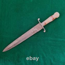 Vintage Carnelian Agate Damascus Bowie Hunting Knife Dagger