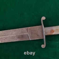 Vintage Carnelian Agate Damascus Bowie Hunting Knife Dagger