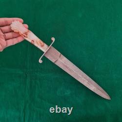Vintage Carnelian Agate Damascus Bowie Hunting Knife Dagger