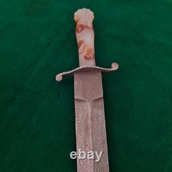 Vintage Carnelian Agate Damascus Bowie Hunting Knife Dagger