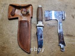 Vintage Case XX Combination Knife and Hatchet Axe Set Wood Handle Leather Sheath