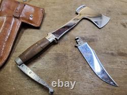 Vintage Case XX Combination Knife and Hatchet Axe Set Wood Handle Leather Sheath