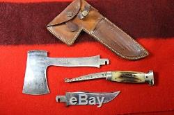 Vintage Case XX Green Bone Stag Hunting Knife and Hatchet Combo with Sheath RARE