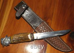 Vintage Cowboy Head Hunting Knife Stag Handle Leather Sheath Solingen Germany