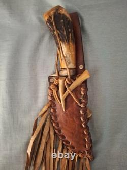 Vintage Custom Handcrafted Elk Antler Bear Scrimshaw Bowie Hunting Knife Sheath