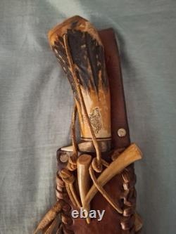 Vintage Custom Handcrafted Elk Antler Bear Scrimshaw Bowie Hunting Knife Sheath