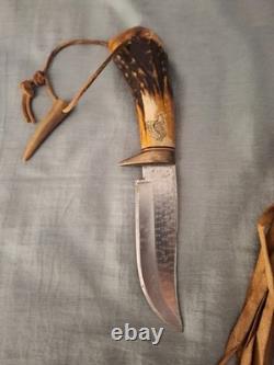 Vintage Custom Handcrafted Elk Antler Bear Scrimshaw Bowie Hunting Knife Sheath