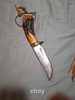 Vintage Custom Handcrafted Elk Antler Bear Scrimshaw Bowie Hunting Knife Sheath Vintage Custom Handcrafted Elk Antler Bear Scrimshaw Bowie Hunting Knife Sheath