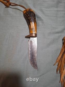 Vintage Custom Handcrafted Elk Antler Bear Scrimshaw Bowie Hunting Knife Sheath