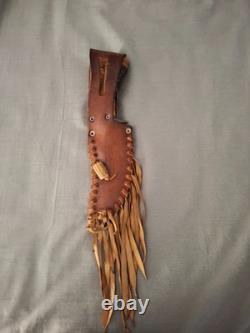 Vintage Custom Handcrafted Elk Antler Bear Scrimshaw Bowie Hunting Knife Sheath