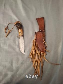 Vintage Custom Handcrafted Elk Antler Bear Scrimshaw Bowie Hunting Knife Sheath