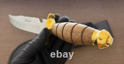 Vintage Dagger Knife Fixed Leopard Wood Handle Leather Sheath Hunting France Men