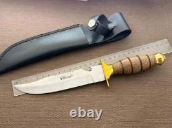Vintage Dagger Knife Fixed Leopard Wood Handle Leather Sheath Hunting France Men