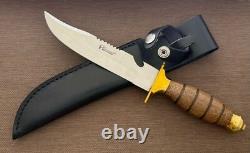 Vintage Dagger Knife Fixed Leopard Wood Handle Leather Sheath Hunting France Men