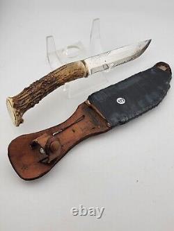 Vintage Deer Antler Single Edge Hunting Stag Knife W Leather Sheath Very Sharp