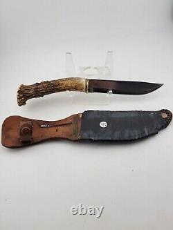 Vintage Deer Antler Single Edge Hunting Stag Knife W Leather Sheath Very Sharp