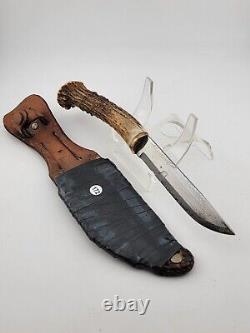 Vintage Deer Antler Single Edge Hunting Stag Knife W Leather Sheath Very Sharp