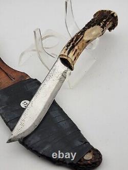 Vintage Deer Antler Single Edge Hunting Stag Knife W Leather Sheath Very Sharp