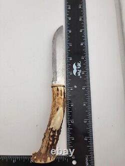 Vintage Deer Antler Single Edge Hunting Stag Knife W Leather Sheath Very Sharp