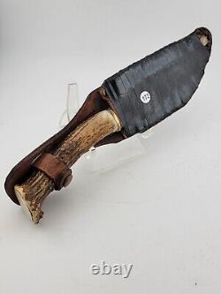 Vintage Deer Antler Single Edge Hunting Stag Knife W Leather Sheath Very Sharp