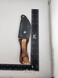 Vintage Deer Antler Single Edge Hunting Stag Knife W Leather Sheath Very Sharp