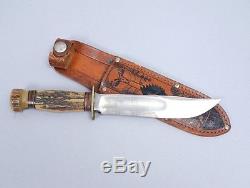 Vintage Early 20c Marbles Gladstone Hunting Knife Decorated Sheath Horn Handle