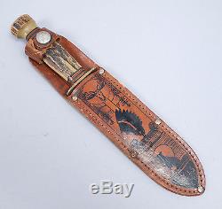 Vintage Early 20c Marbles Gladstone Hunting Knife Decorated Sheath Horn Handle