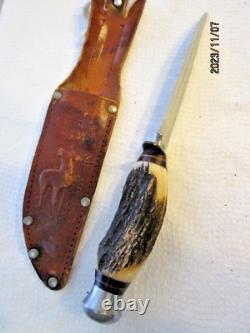 Vintage Edgebrand Solinger German Knife 471 Stag Antler Handle & Embossed Sheath