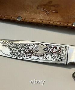 Vintage Etched Rehwappen Solingen Rostfrei Stag Hunting Knife 4.25 Fixed Blade