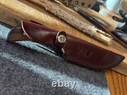 Vintage Fixed Blade Hunting Knife Handmade In The USA With Rigid Burgundy Sheath