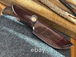 Vintage Fixed Blade Hunting Knife Handmade In The USA With Rigid Burgundy Sheath