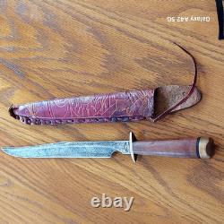 Vintage Fred Bizon Handcrafted Slim Bowie Knife, Tooled Leather Sheath