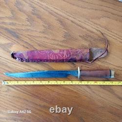 Vintage Fred Bizon Handcrafted Slim Bowie Knife, Tooled Leather Sheath