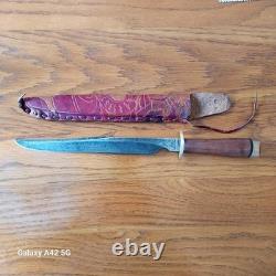 Vintage Fred Bizon Handcrafted Slim Bowie Knife, Tooled Leather Sheath