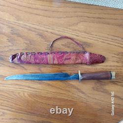 Vintage Fred Bizon Handcrafted Slim Bowie Knife, Tooled Leather Sheath